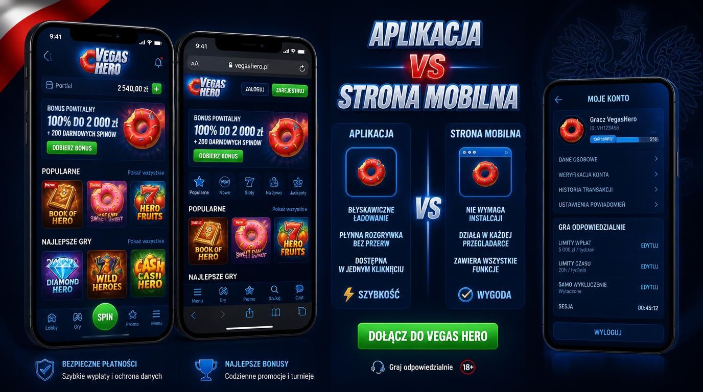 ekran aplikacji vs strona mobilna VegasHero na telefonie pokazujący przyciski „Spin” i limity