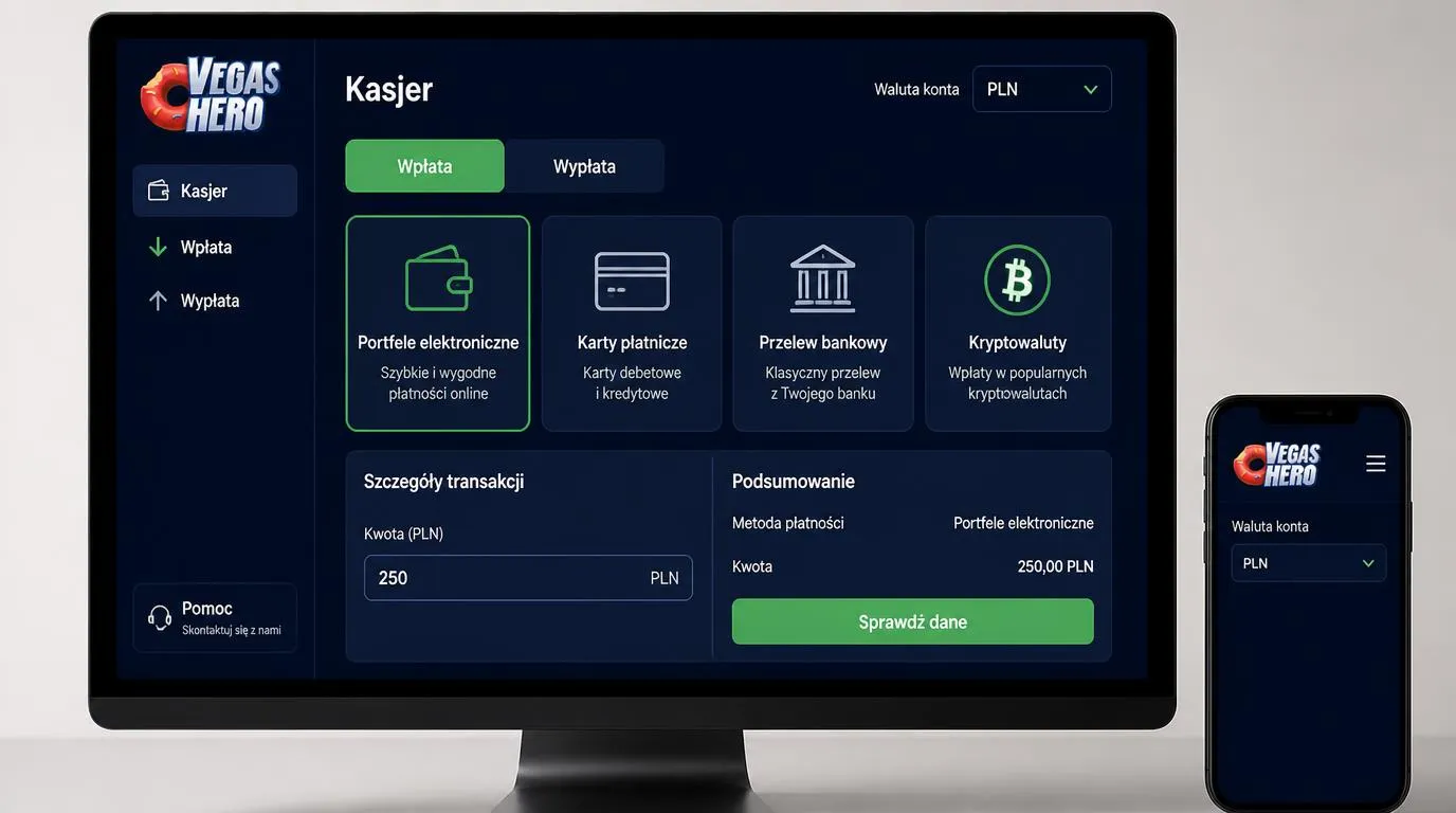 Panel kasjera z kartami, portfelami elektronicznymi, przelewem bankowym i kryptowalutami oraz wyborem PLN