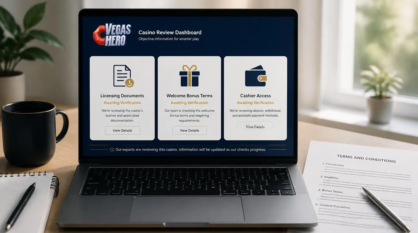Panel przeglądu kasyna z dokumentami licencyjnymi, warunkami bonusu i przyciskiem przejścia do kasjera